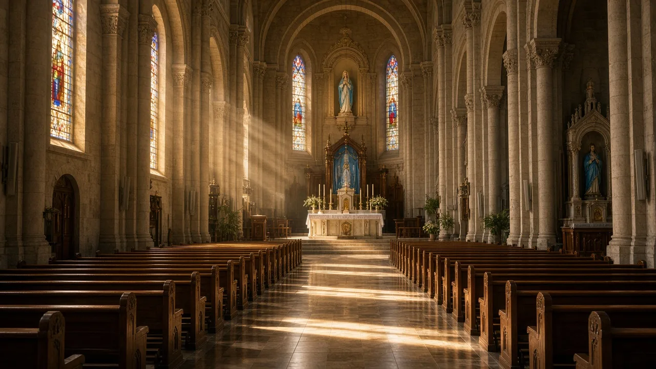 Sunlit sanctuary with wooden pews